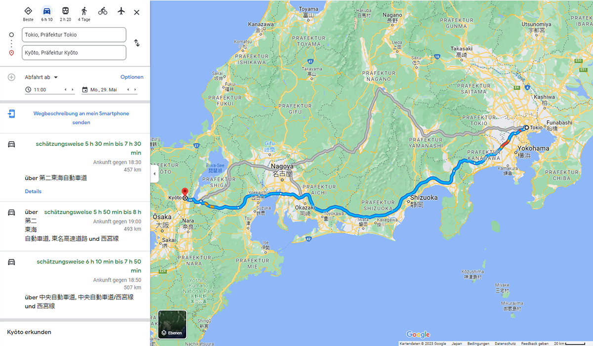 Voyage en voiture vers Kyoto - Google Maps